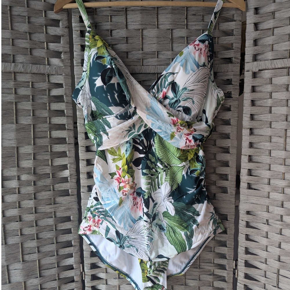 Jantzen Tropical Floral One Piece Swimsuit Surplice Resortwear Beach Womens 14